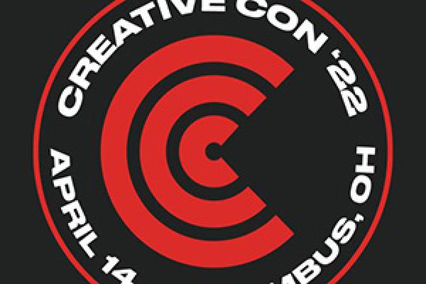 A red and black graphic with the circular Creative Con logo