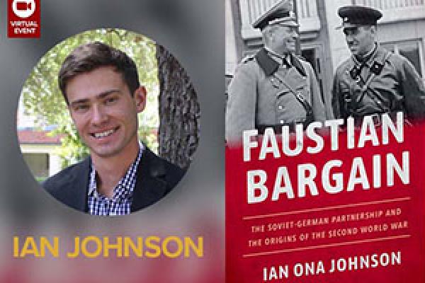 Headshot of Ian Ona Johnson next to book cover for Faustian Bargain