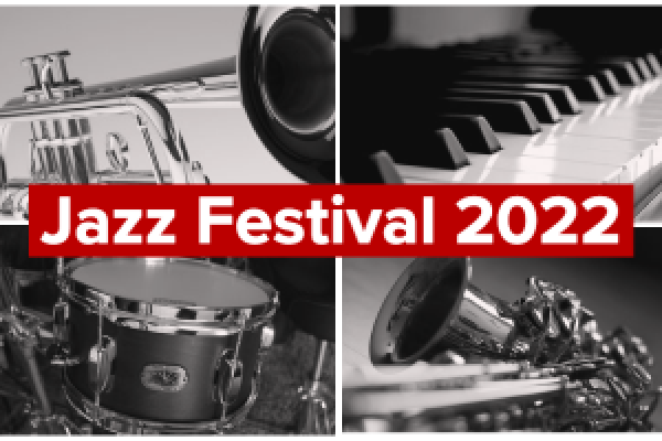 A photo collage of four jazz instruments