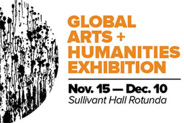 Black paint splatters next to event title "Global Arts + Humanities Exhibition"
