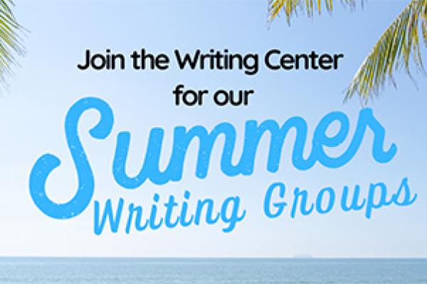 Summer writing groups event flier with a tropical beach theme