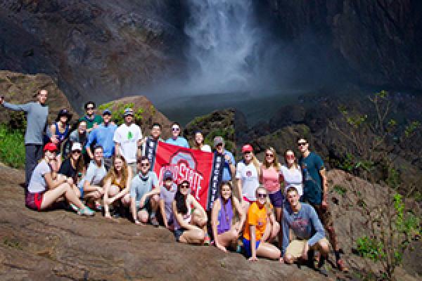 Buckeyes studying abroad in Australia pose for a group photo at Wallaman Falls. Image courtesy Hannah Goebel 