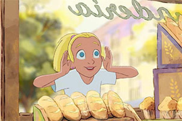 A young blond girl looking through the window at a bakery