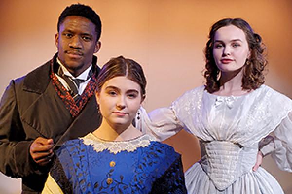 From left: Sterling Wesley as Ira Aldridge, Ashley Bice as Margaret Aldridge,  and Betsy Huggins as Ellen Tree in The Ohio State University Department of Theatre’s production of Red Velvet. Photo by J. Briggs Cormier