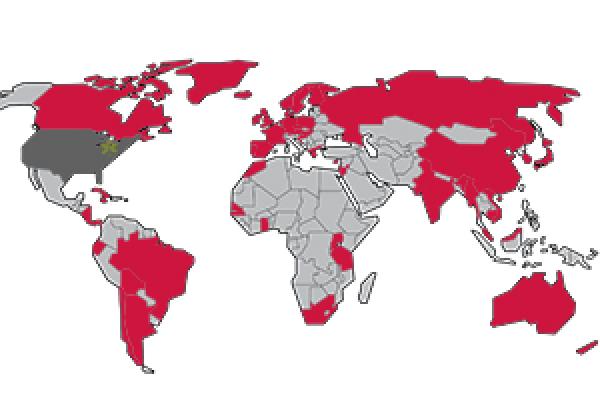 Countries where Arts and Sciences students studied abroad this summer are highlighted in red.