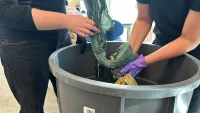 Students run materials through a vat of indigo paint